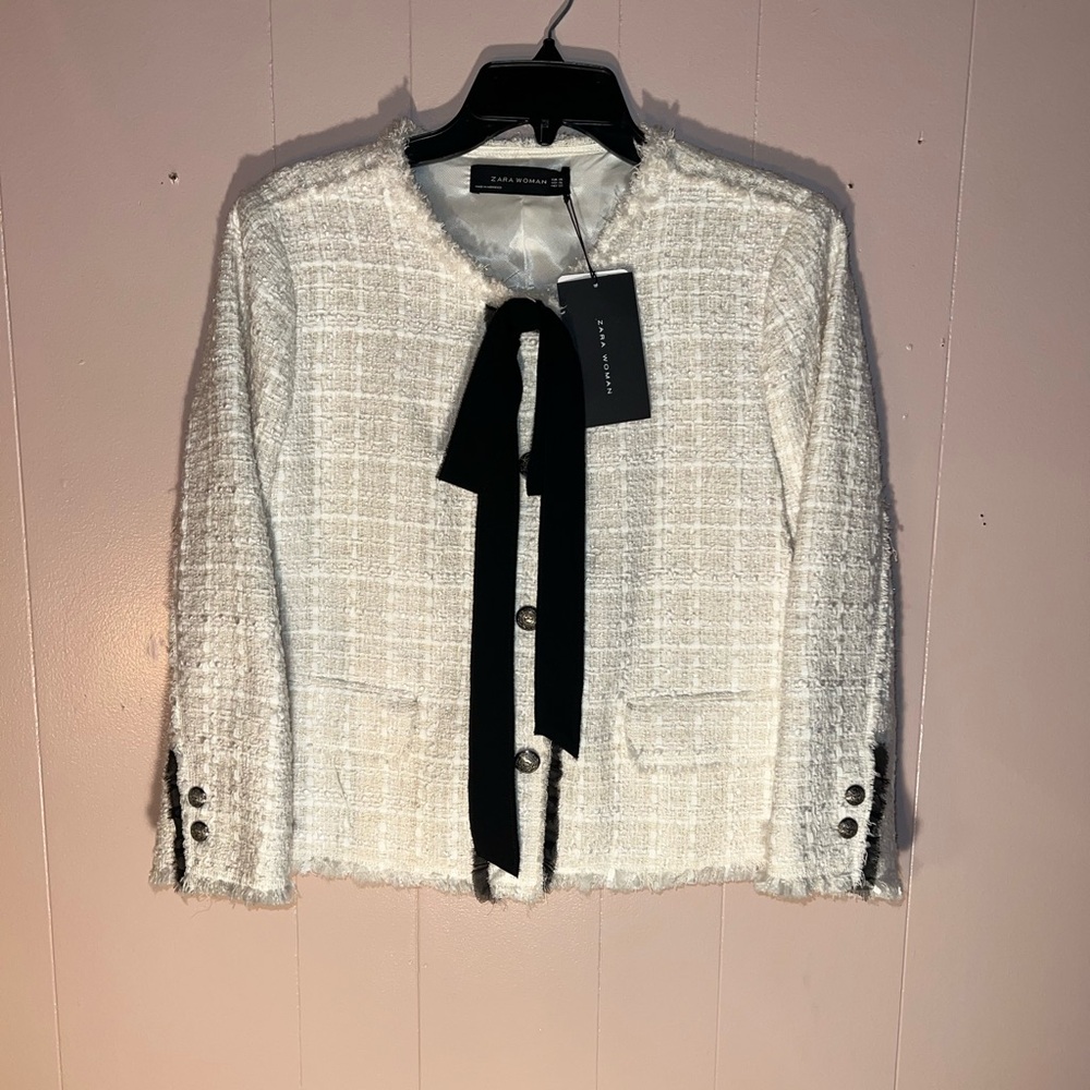 Zara Ivory Textured Tweed Blazer with Black Ribbon